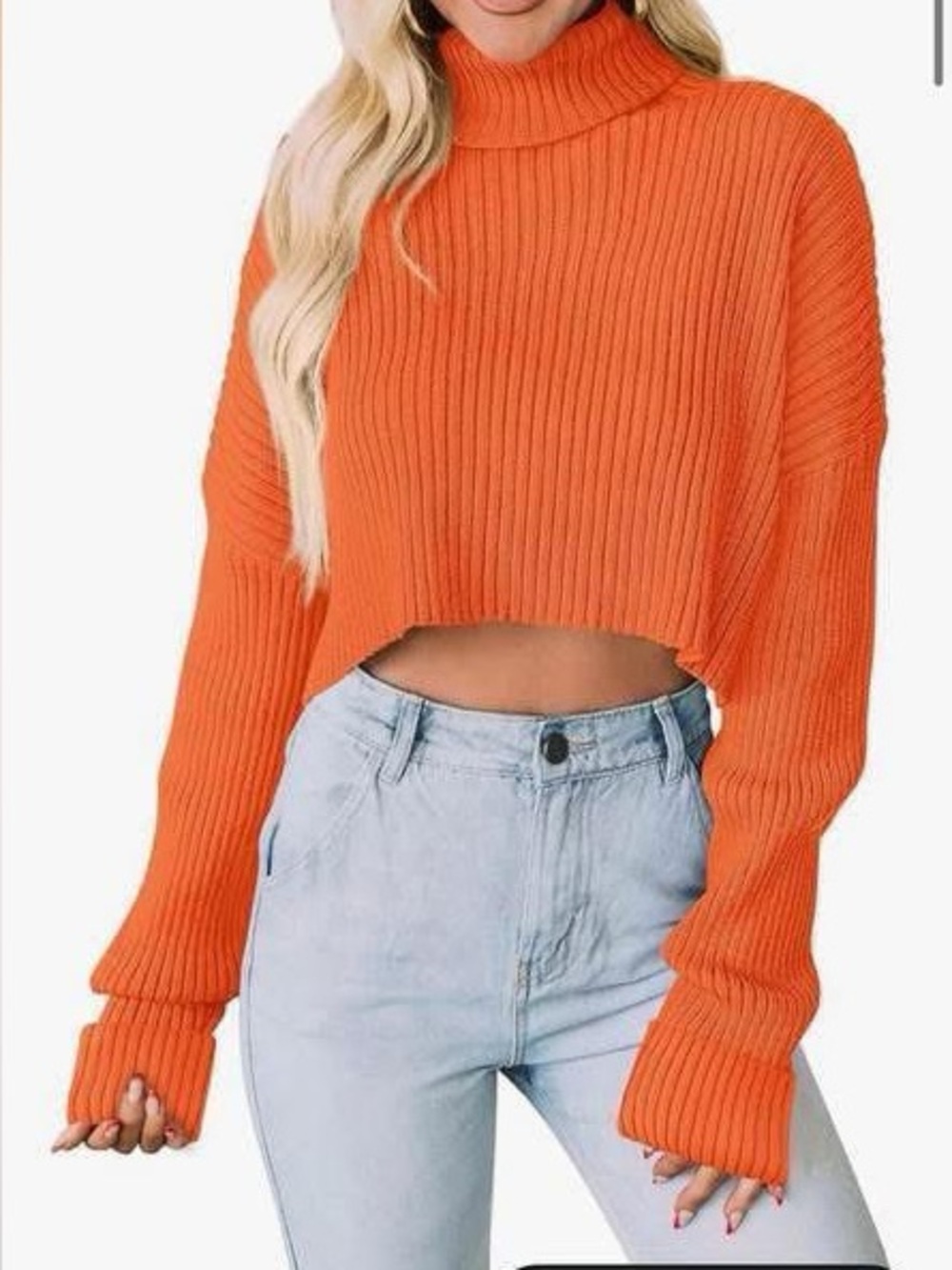 Cropped Ribbed Turtleneck Sweater - Bright Orange